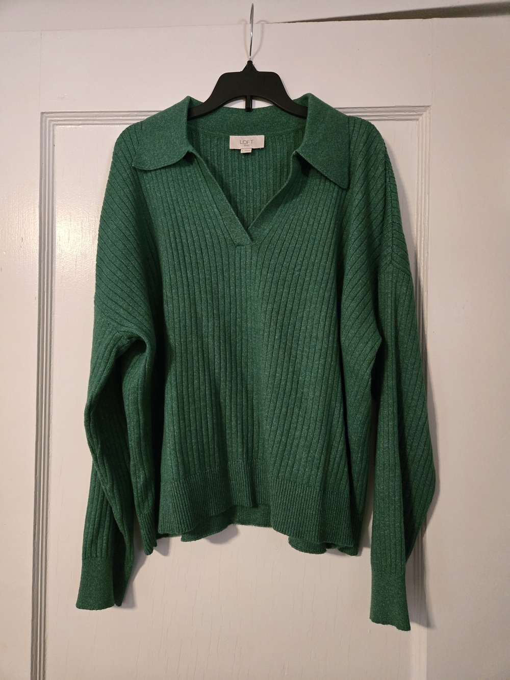 LOFT Emerald Green Ribbed V-Neck Collared Sweater